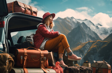 Fashionable woman taking a break on a trip to final vacation destination in mountains. Beautiful landscape and peaceful mind. - obrazy, fototapety, plakaty