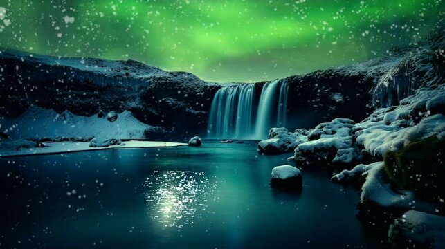 frozen waterfall and aurora light  beautiful view and snow fall video looping 4k