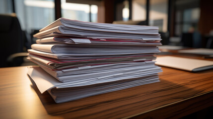 A stack of documents organized on the desk, a batch of business paperwork