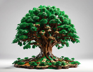 A large tree made of Lego with dominant colors green and brown isolated on a white background