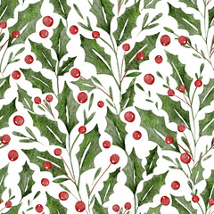 Holly berry seamless watercolor pattern