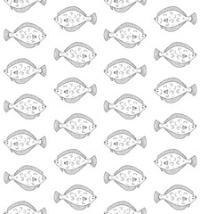 Vector seamless pattern of hand drawn doodle sketch flounder fish isolated on white background