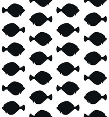 Vector seamless pattern of hand drawn flounder fish silhouette isolated on white background