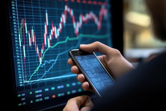 The analysis of finance market graphs, involvement in stock market trading, and consideration of investment concepts are evident as a businessman holds a phone with his hand