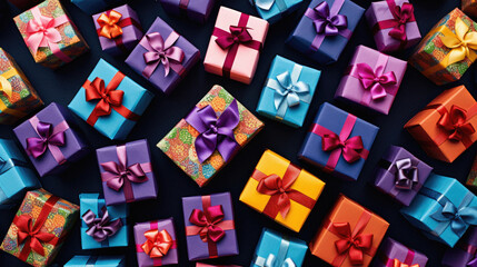 Colorful gift boxes on dark background. Top view, flat lay.