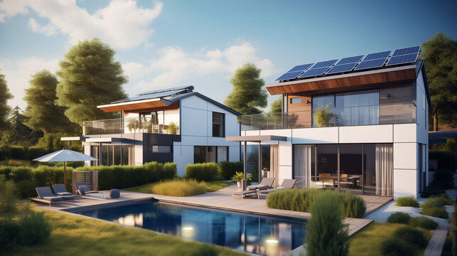 modern houses with solar panels on their roofs created with Generative AI