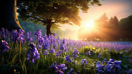 Naklejka premium sunrise in the field, created with generative AI technology