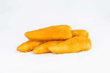 Chicken Breaded Fillet.Fast food. Breaded Chicken Inner Fillet on a White Background,Chicken Breaded Raw Meat. Fast cooking. Breaded chicken nuggets. Homemade food at home.