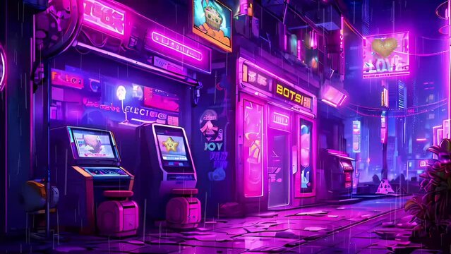 Rainy Cyberpunk Arcade City Street. Pixelart Anime
Style Technological Cityscape in the Rain. Looping. Animated Background / Wallpaper. VJ / Vtuber / Streamer Backdrop. Seamless Loop.