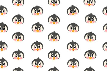 Obraz premium Seamless pattern with vector kawaii cute penguin face, head for kids, baby, children nursery, fabrics 