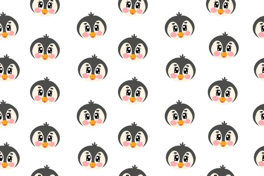 Seamless pattern with vector kawaii cute penguin face, head for kids, baby, children nursery, fabrics	
