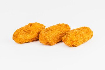 Semi-finished product, fried wings.Breaded Chicken wings with salad on a White Background,food at home.Fast homemade food.Chicken Breaded Raw Meat. Fast cooking.