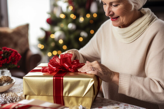 AI Generated illustration of happy senior woman opening and unwrapping Christmas gift sitting in decorated living room at home