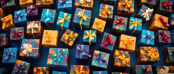 Fototapeta na wymiar Many colorful gift boxes with ribbons on blue background, top view.