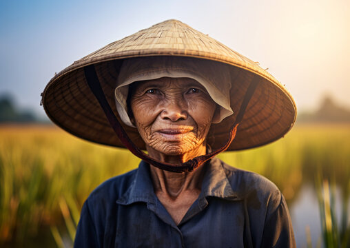 AI Generated Image of Vietnamese senior elderly woman wearing traditional Asian conical hat standing at the rice plantation while looking at camera