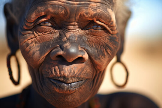 Generated Image of closeup of African senior elderly woman with traditional face paint with earrings standing and looking at camera against blurred outdoors