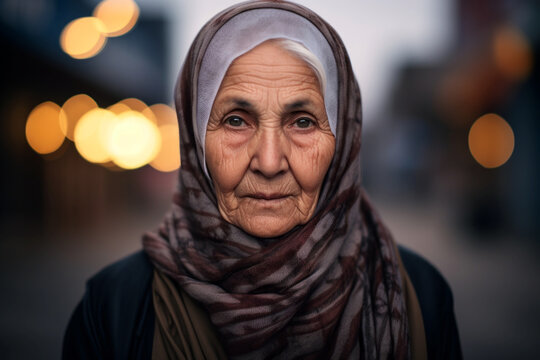 AI Generated Image of Arabian senior elderly woman wearing traditional clothing looking at camera while standing against blurred background in the evening
