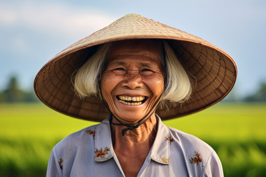 AI Generated Image of Cheerful Vietnamese senior elderly woman wearing traditional Asian conical hat looking at camera and standing at the rice plantation