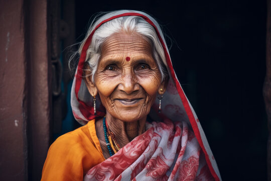 AI Generated Image of smiling Indian senior elderly woman wearing traditional sari and accessories looking at camera while standing against dark background