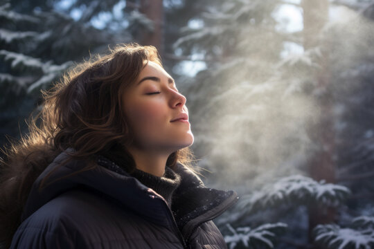 AI generative image of side view of beautiful young woman in warm clothes standing with closed eyes and enjoying fresh air outdoors in a winter forest