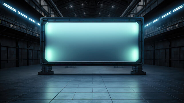 Blank Digital Billboard At Train Station, Poster Mockup In Dark Corridor. Empty Screen For Advertising In Industrial Hallway. Concept Of Subway, Metro, Display, Background, City