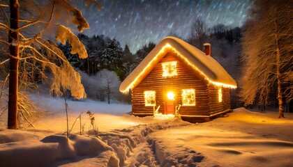 a winter cabin with snow 