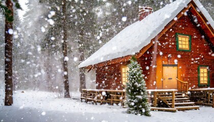 a winter cabin with snow  - obrazy, fototapety, plakaty