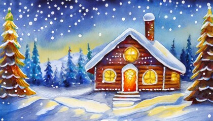 Fototapeta premium a snowy cabin watercolor 