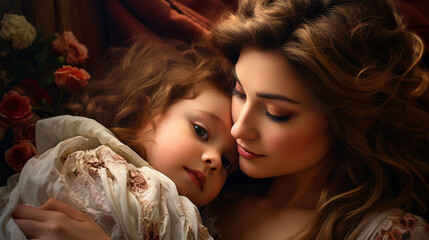 adoravel foto de mãe com filha , amor de mãe, afeto e carinho, feliz dia das mães - obrazy, fototapety, plakaty