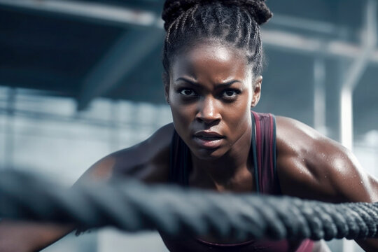 Generative AI illustration of fierce black female athlete engaging in battle rope workout with a concentrated look showcasing strength and endurance