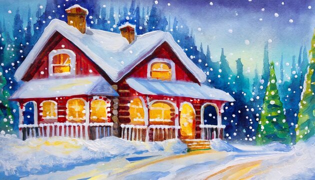 a snowy cabin watercolor 