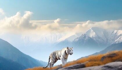 a white tiger in the mountains - obrazy, fototapety, plakaty