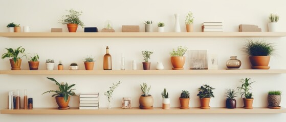 Obraz na płótnie Canvas Background wall with shelves and plants