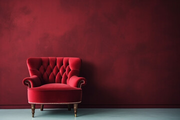 Beautiful luxury classic velvet red clean interior room in classic style with velvet red soft armchair. Vintage antique velvet chair standing beside emerald wall. Minimalist home design. High quality