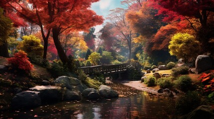  the mesmerizing essence of autumn, featuring a park adorned with vibrant foliage and leaves gently cascading, creating an inviting and captivating natural backdrop.