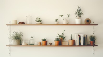 Fototapeta na wymiar Background wall with shelves and plants