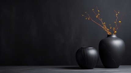 the sleek design of a black ceramic vase positioned on a table with a black marble background. The image's sophistication and copy space make it suitable for various creative projects.
