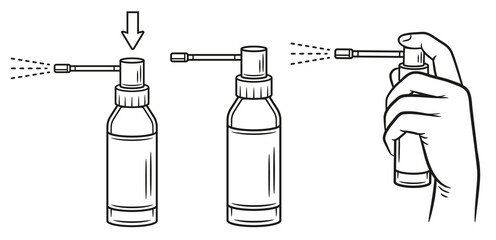 Medical spray for sore throat, use pharmacy mouth hygiene sprayer, liquid oral aerosol medicine instruction line icon set. Press hand on antiseptic dispenser bottle. Household chemical product. Vector