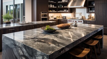  the exquisite details of a marble granite kitchen counter island, where products are beautifully arranged for display. The clean, contemporary kitchen space enhances the visual appeal of the scene.