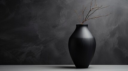 A high-definition photograph capturing the sleek design of a black ceramic vase positioned on a...