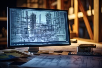  a computer screen displaying a digital construction blueprint in intricate detail. The digital...
