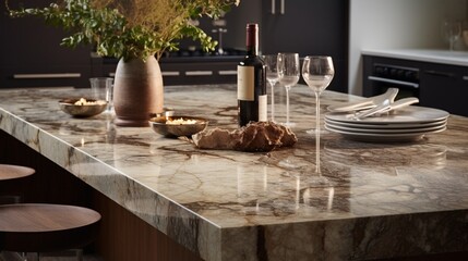 ]the exquisite details of a marble granite kitchen counter island, where products are beautifully...