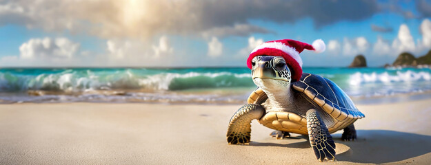 Sea turtle on sandy beach with Santa Claus hat. Ocean waves on the background. Concept of traveling and celebrating Christmas and New Year in tropical countries. - obrazy, fototapety, plakaty