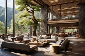  a contemporary hotel lobby, featuring an open-concept layout with a fusion of natural materials, modern furniture, and large windows offering a view of the surrounding landscape. - obrazy, fototapety, plakaty