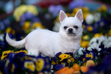 Pies rasy chihuahua stoi w kolorowych kwiatach