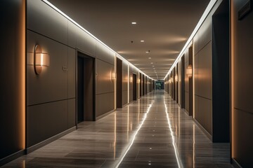 a contemporary hotel corridor with sleek, modern design elements, such as glass walls and minimalist decor, combined with soft, warm lighting for a luxurious and inviting feel.