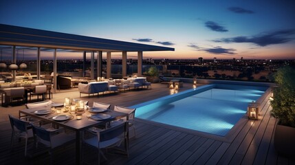 a penthouse's private rooftop terrace, complete with a swimming pool, comfortable lounges, and an...