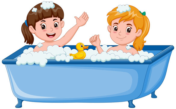 Cute girls take a bath in the bathtub. Vector illustration