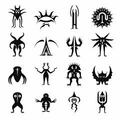 set of black and white creepy abstract doodle creatures monsters icons tattoo flash sheet