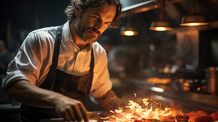 Porträt eines Profikochs, der in einer Restaurantküche auf Feuer kocht. 